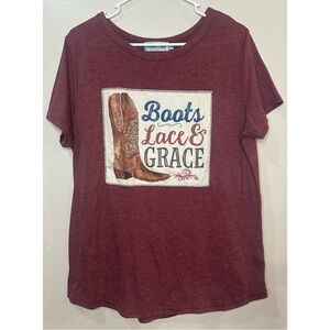 Southern Grace Women’s “Boots, Lace,‎ & Grace” Burgundy Tee Size XL
